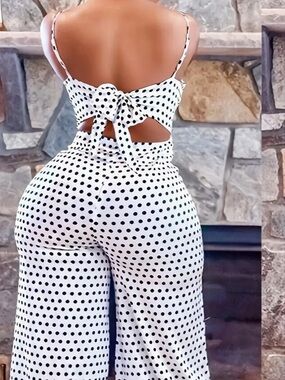 Tie-Back Polka Dot Wide-Leg Jumpsuit - White with Black Dots